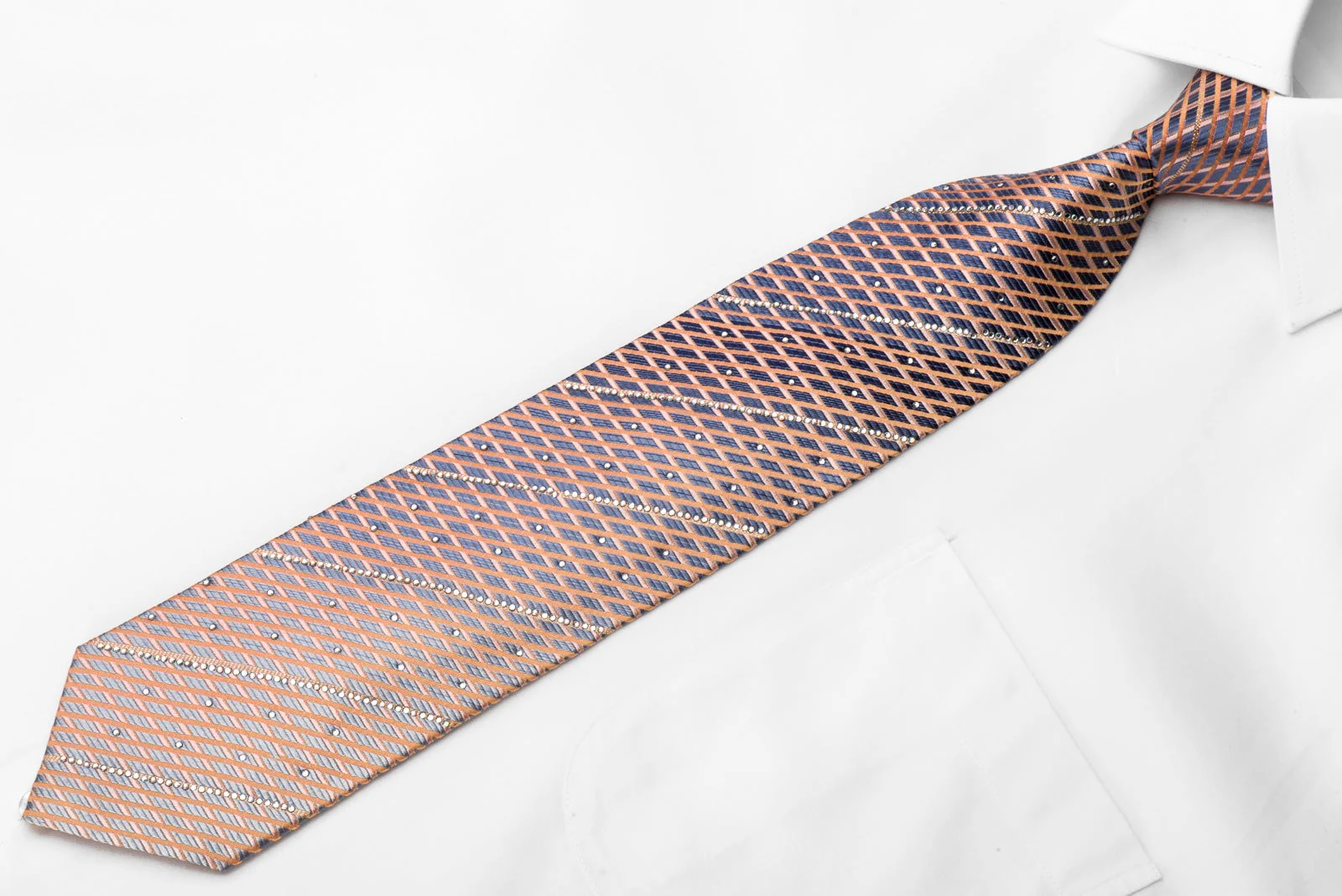 Park Land Men's Crystal Silk Tie Orange Stripes On Blue With Silver Sparkles - Image 3