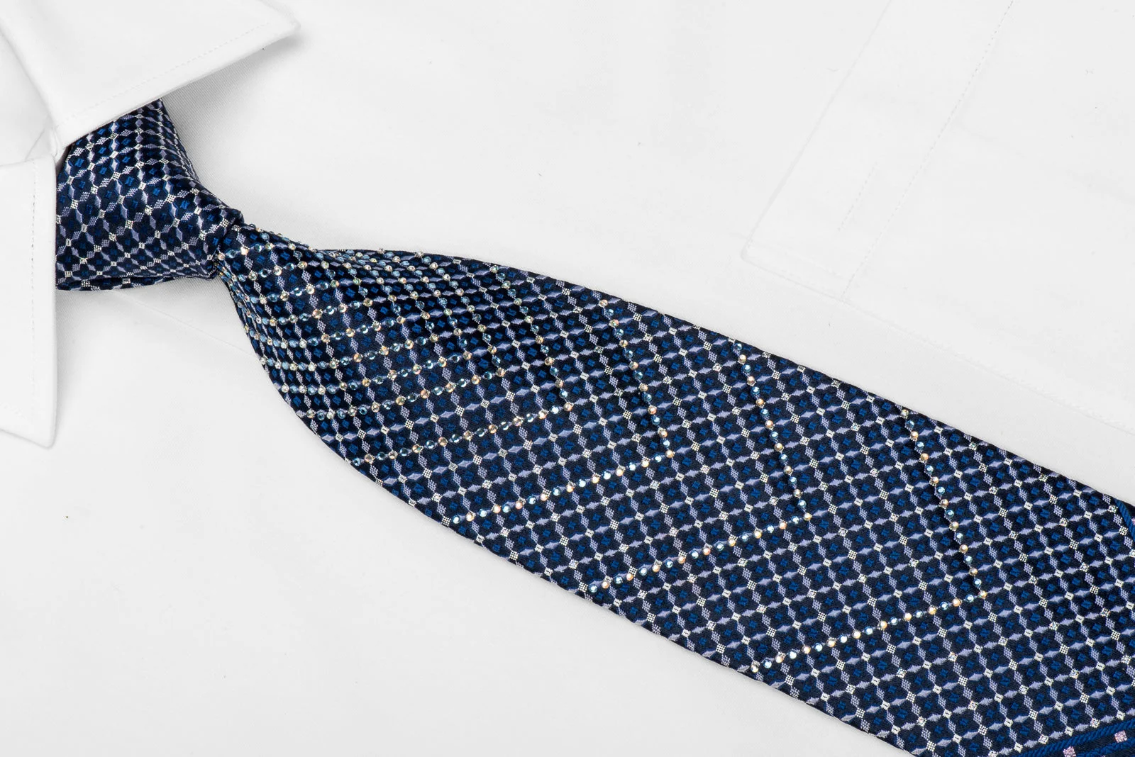 Park Land Men's Crystal Silk Tie V-Striped Trellis On Blue With Sparkles - Image 2
