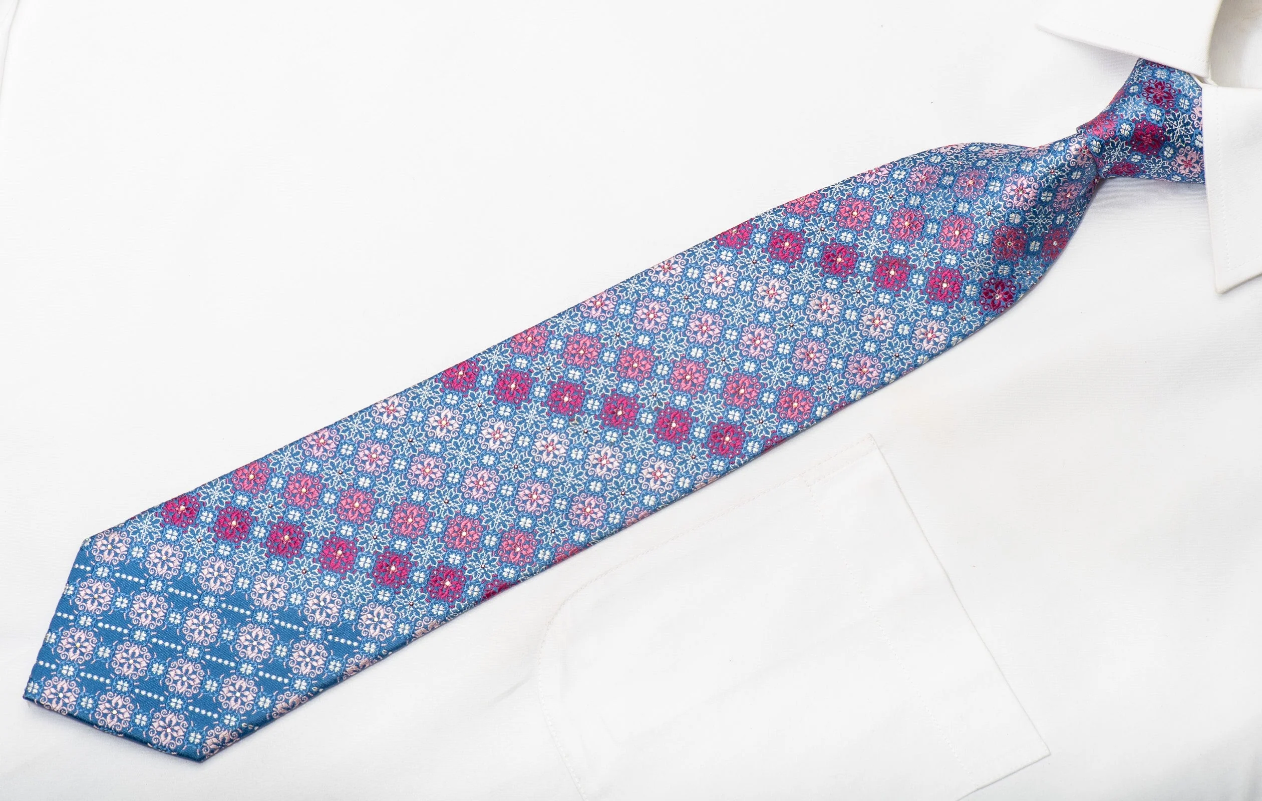 Rhinestone Necktie Silver Pink Floral Cartouche On Blue With Silver Sparkles - Image 4