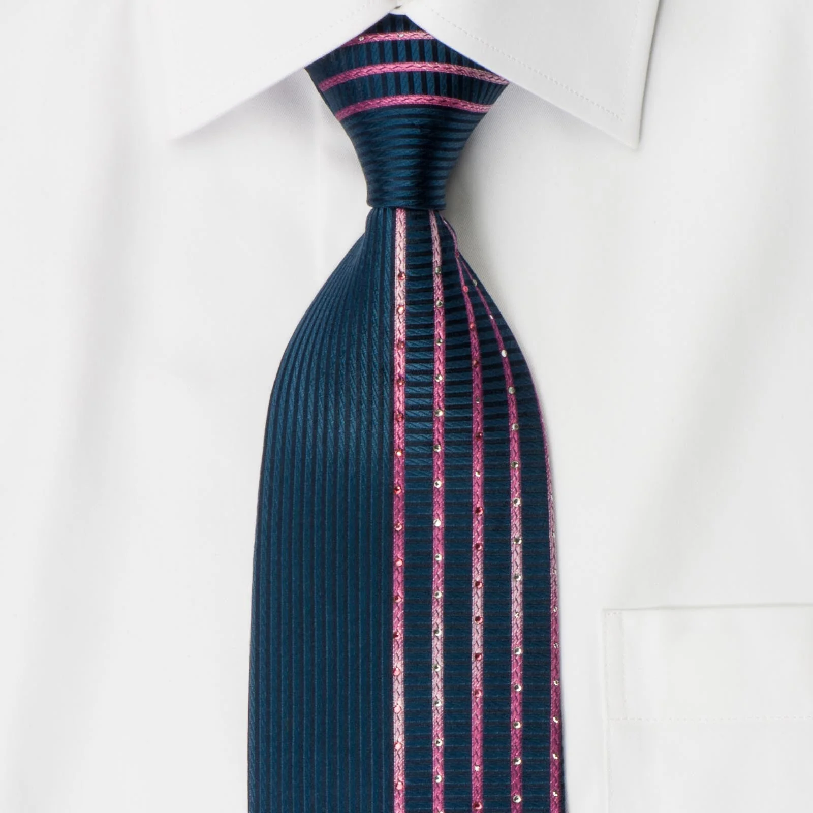 Park Land Men's Rhinestone Necktie Vertical Pink Stripes On Blue With Sparkles - Image 2