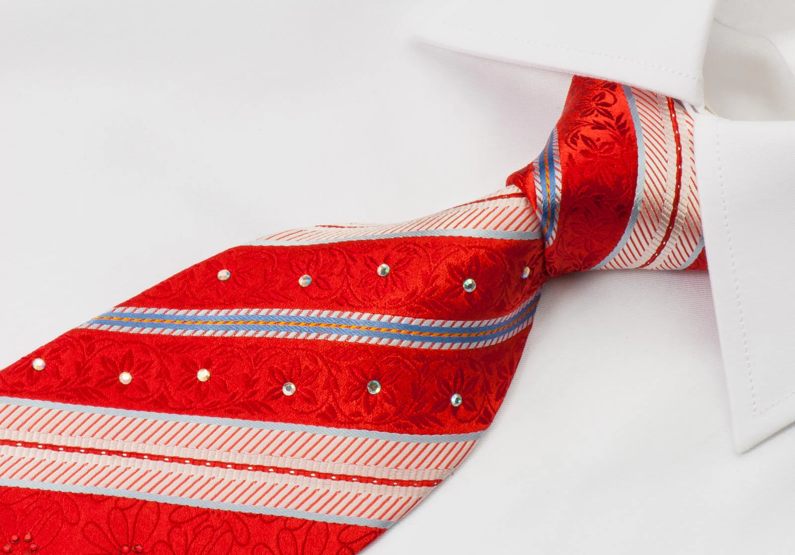 Park Land Men's Rhinestone Silk Necktie Cream Blue Stripes On Red With Silver Sparkles - Image 2