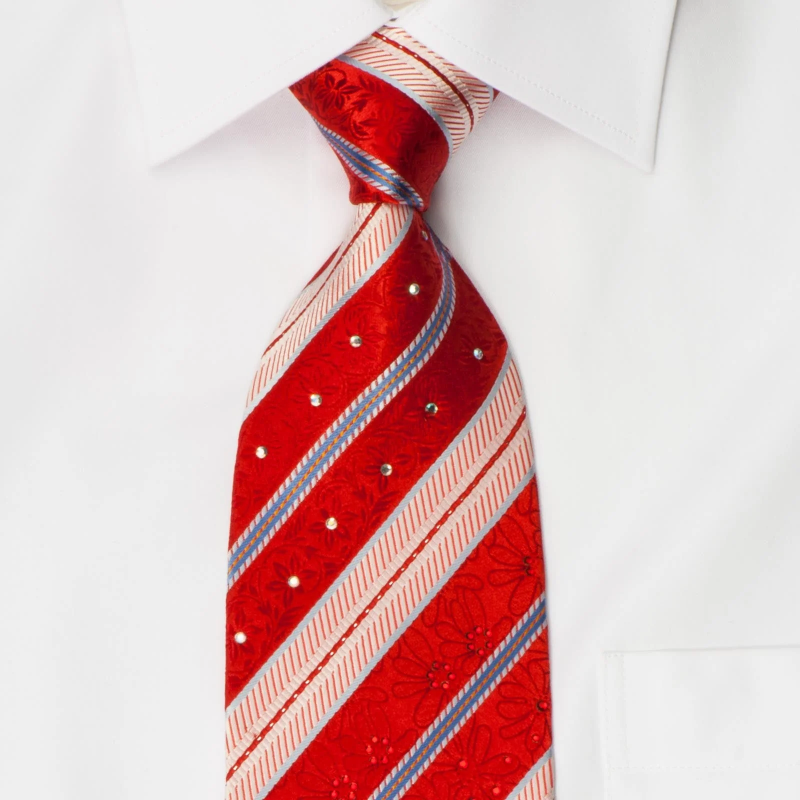 Park Land Men's Rhinestone Silk Necktie Cream Blue Stripes On Red With Silver Sparkles - Image 5