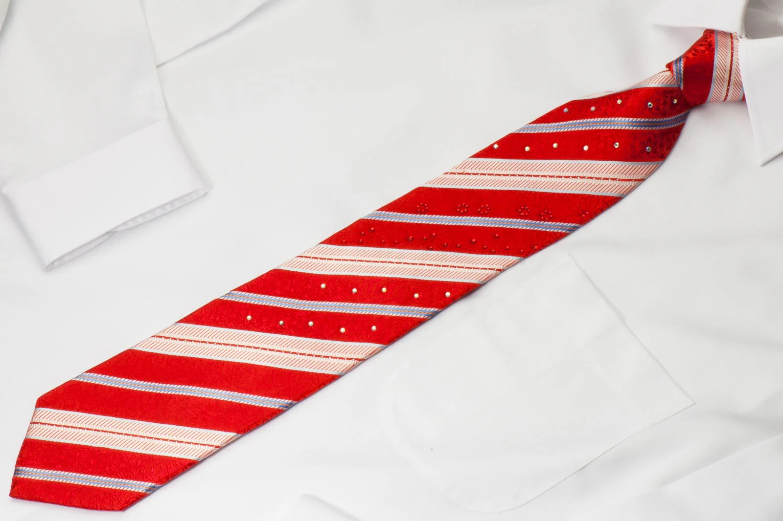 Park Land Men's Rhinestone Silk Necktie Cream Blue Stripes On Red With Silver Sparkles - Image 6
