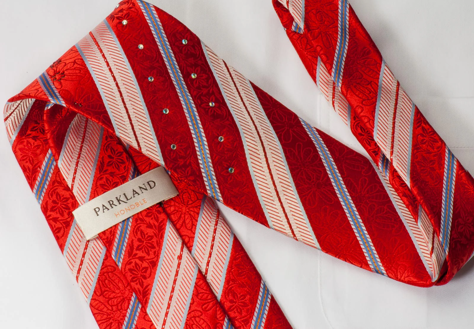 Park Land Men's Rhinestone Silk Necktie Cream Blue Stripes On Red With Silver Sparkles - Image 7