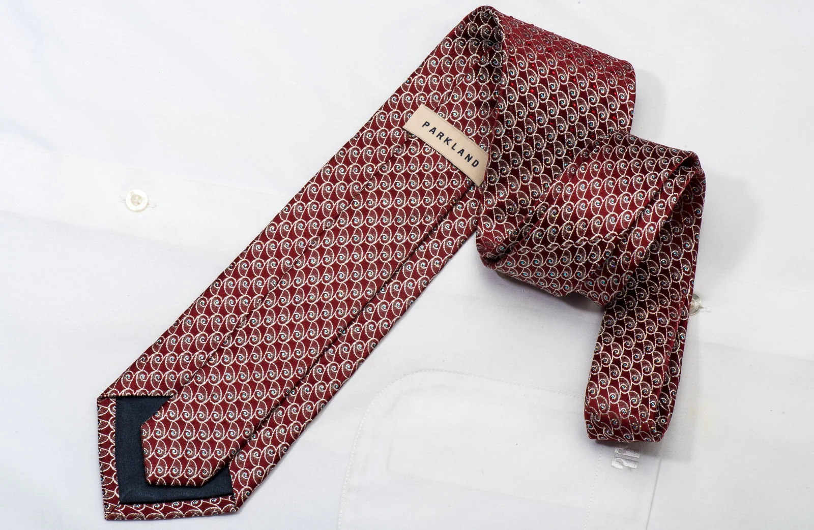 Park Land Men's Rhinestone Silk Necktie Silver Curls On Burgundy With Silver Sparkles - Image 6