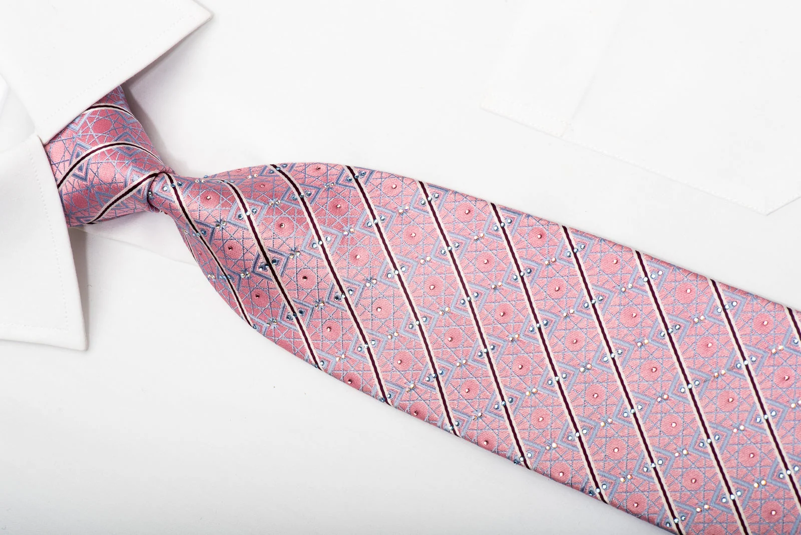 Park Land Men's Rhinestone Silk Necktie Striped & Trellis On Pink - Image 2