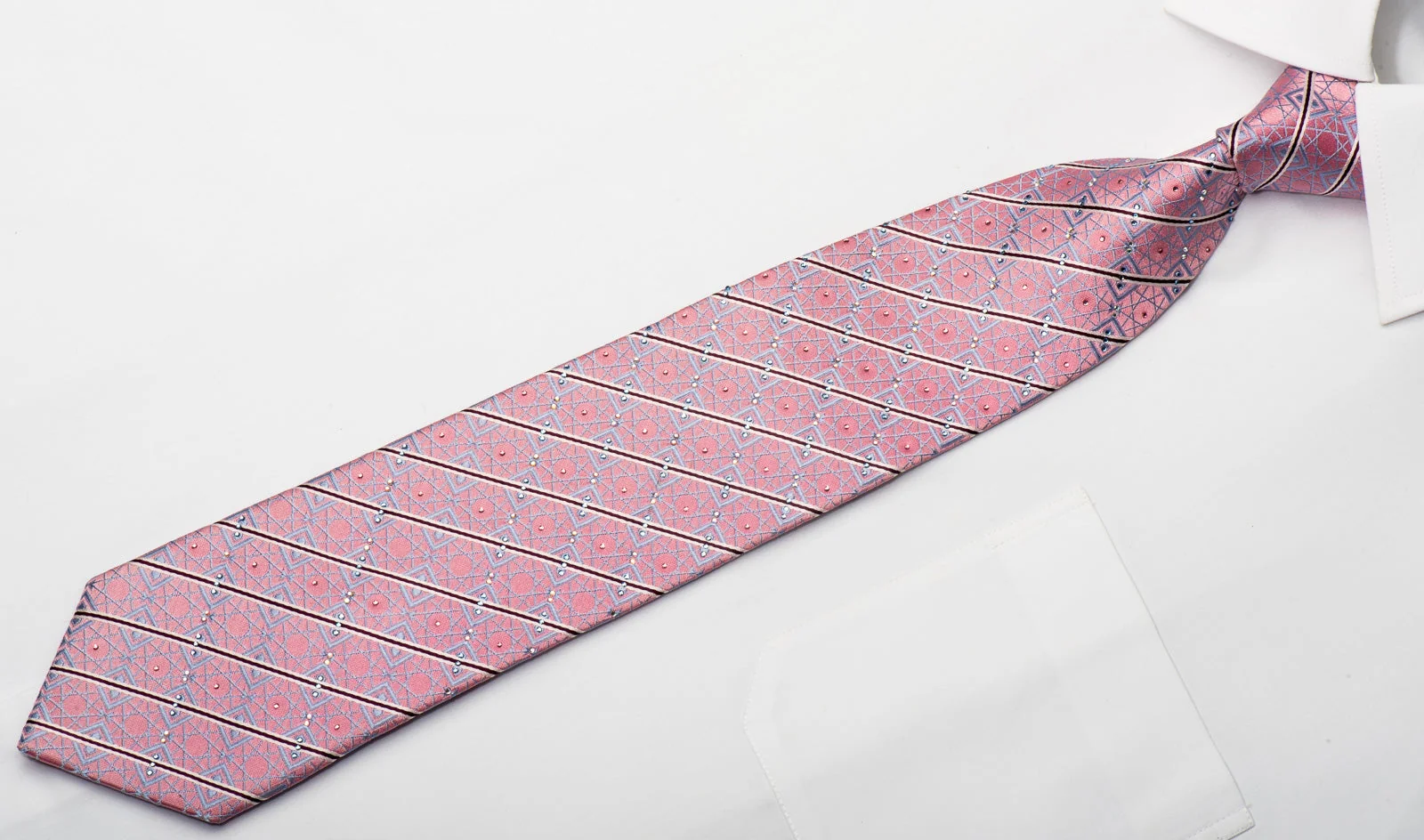 Park Land Men's Rhinestone Silk Necktie Striped & Trellis On Pink - Image 3
