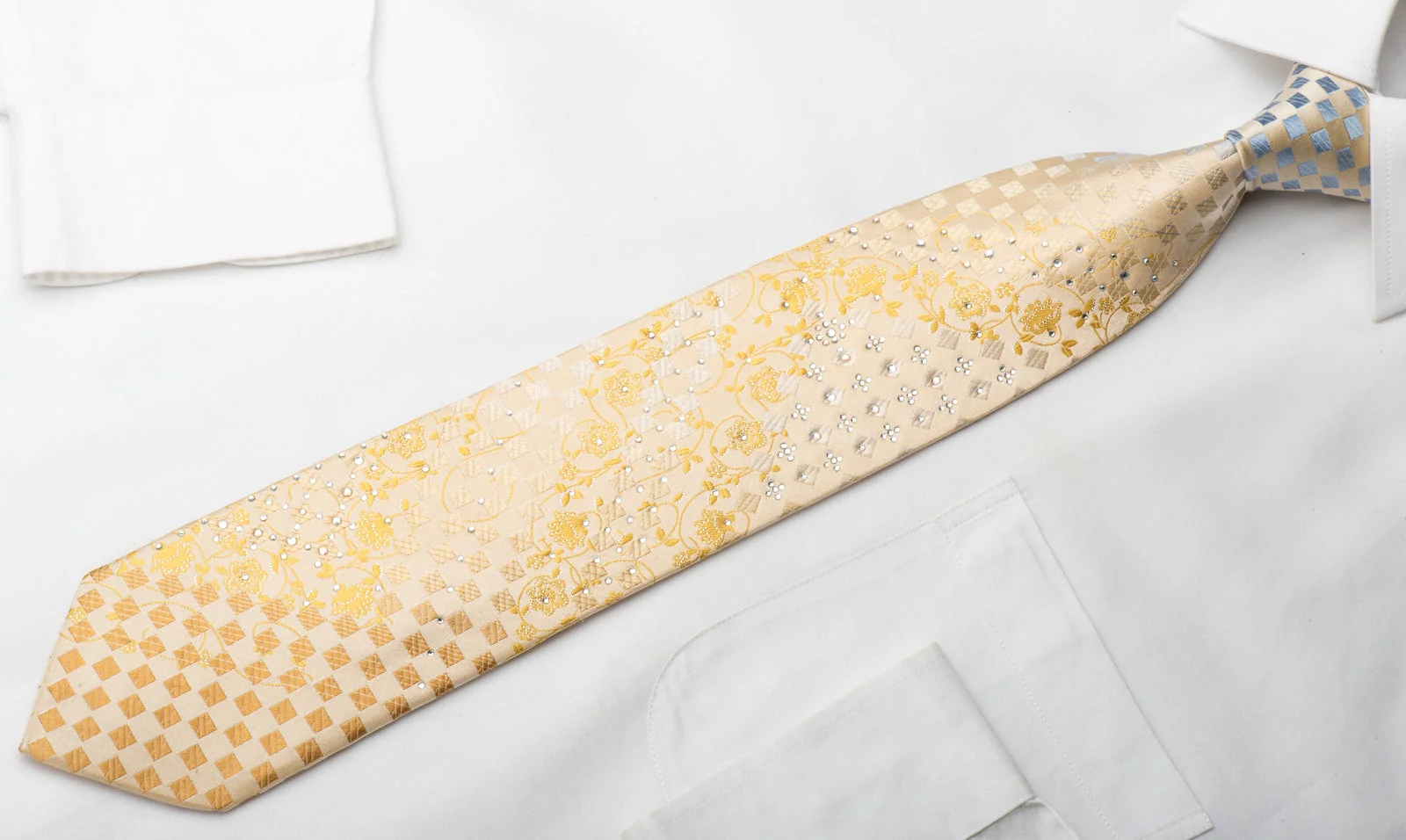 Park Land Men's Silk Necktie Floral Checker On Gold Sparkling With Rhinestones - Image 3