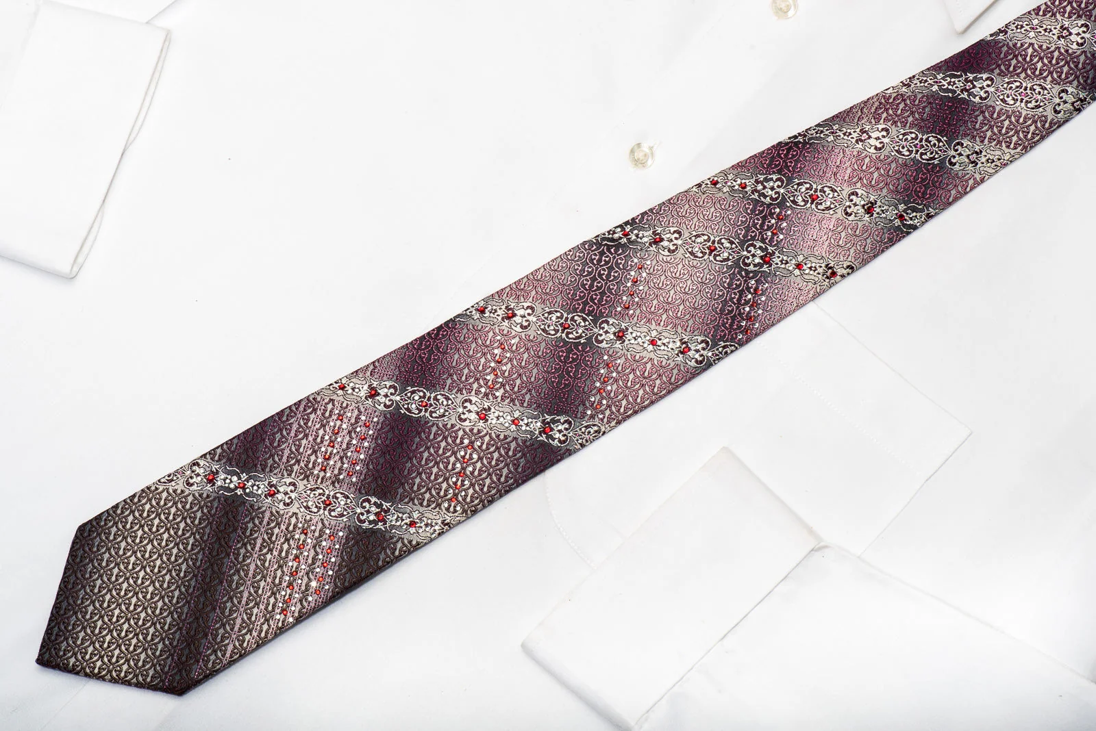 Park Land Men's Silk Necktie Pink Burgundy Cartouche On Silver Sparkling With Rhinestones - Image 5