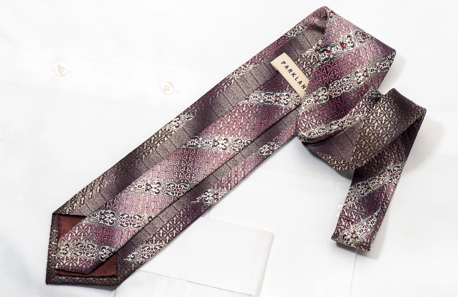 Park Land Men's Silk Necktie Pink Burgundy Cartouche On Silver Sparkling With Rhinestones - Image 6