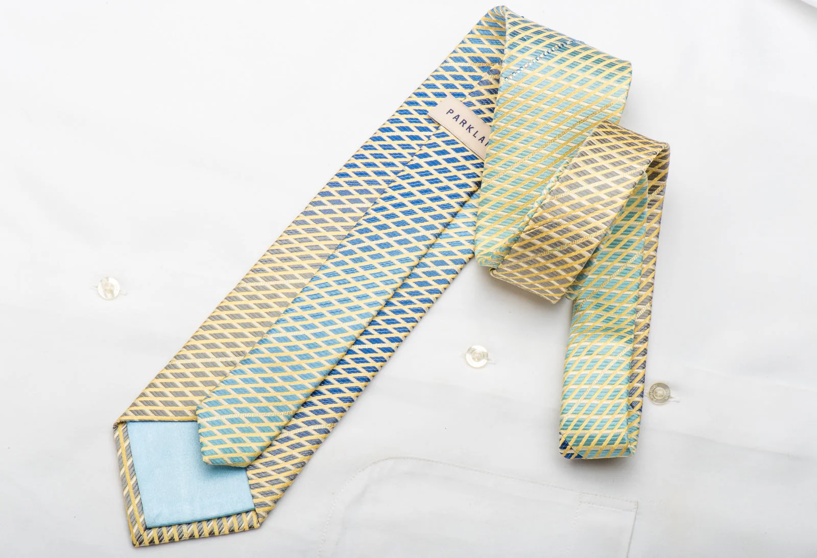 Park Land Men's Silk Necktie Yellow Lattice On Blue Sparkling With Rhinestones - Image 4