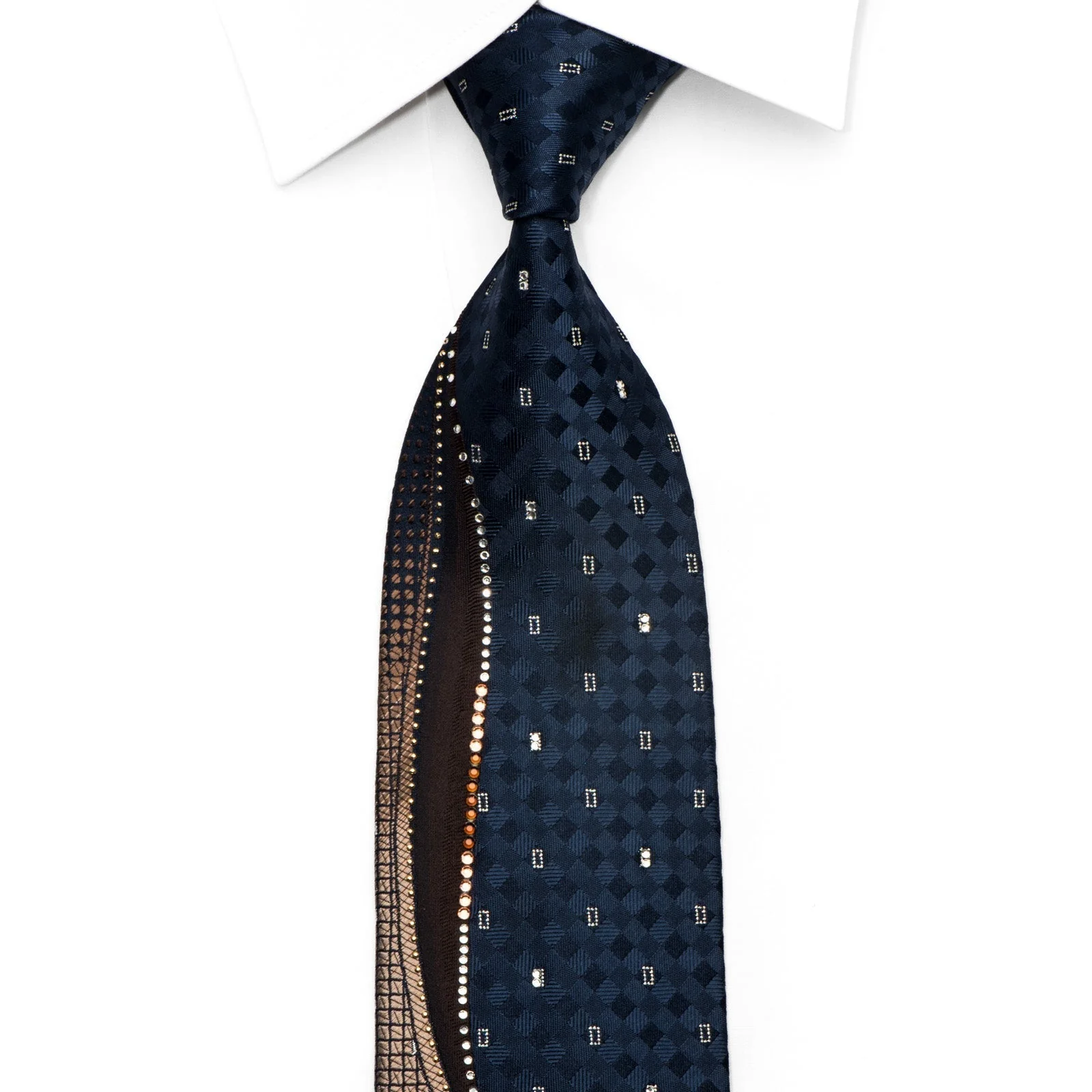 Rhinestone Silk Necktie – Waves Midnight Navy with Silver Sparkle