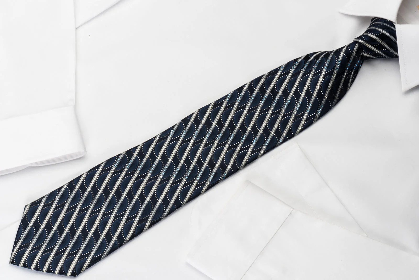 Park Land Rhinestone Necktie Silver Striped On Dark Blue With Silver Sparkles - Image 5