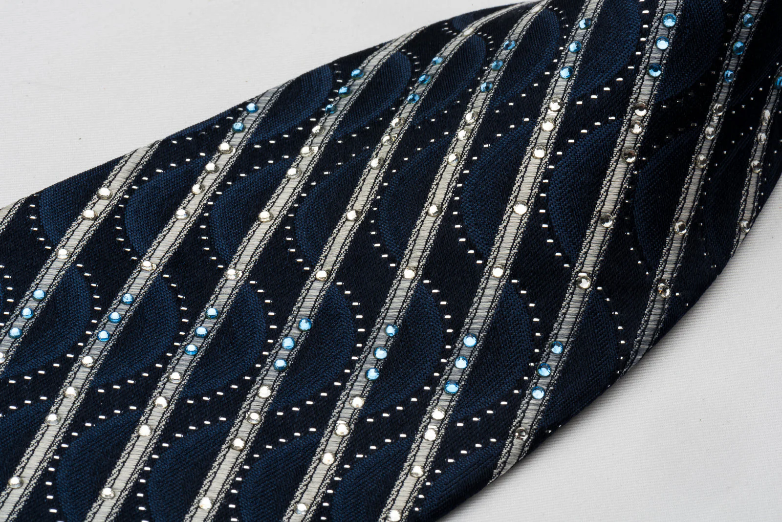 Park Land Rhinestone Necktie Silver Striped On Dark Blue With Silver Sparkles - Image 6