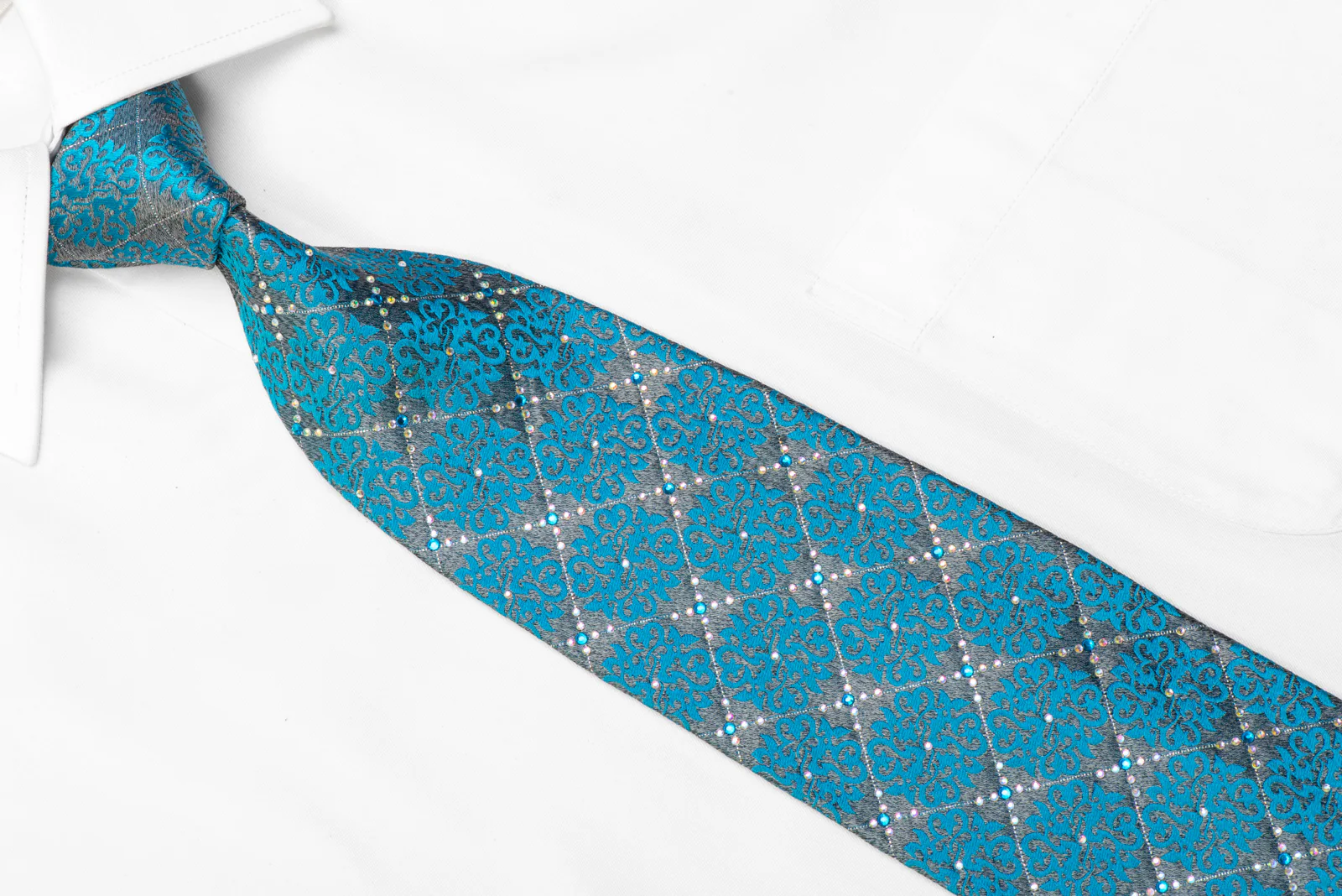 Park Land Rhinestone Silk Necktie Blue Damask On Silver With Sparkles - Image 2