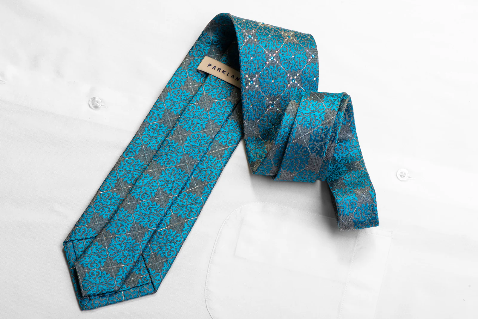 Park Land Rhinestone Silk Necktie Blue Damask On Silver With Sparkles - Image 4