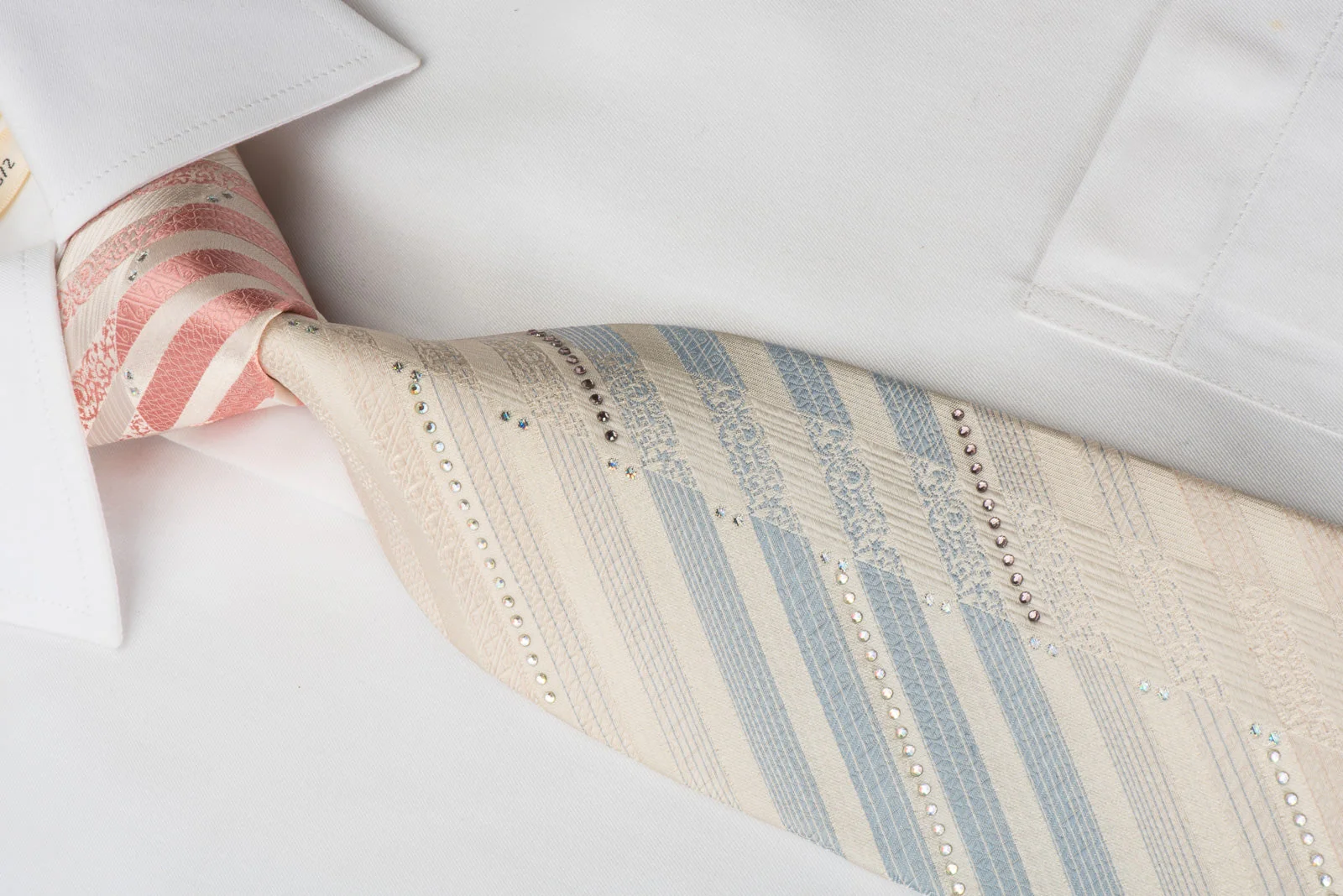 Park Land Rhinestone Silk Necktie Blue Pink Stripes On White With Silver Sparkles - Image 3