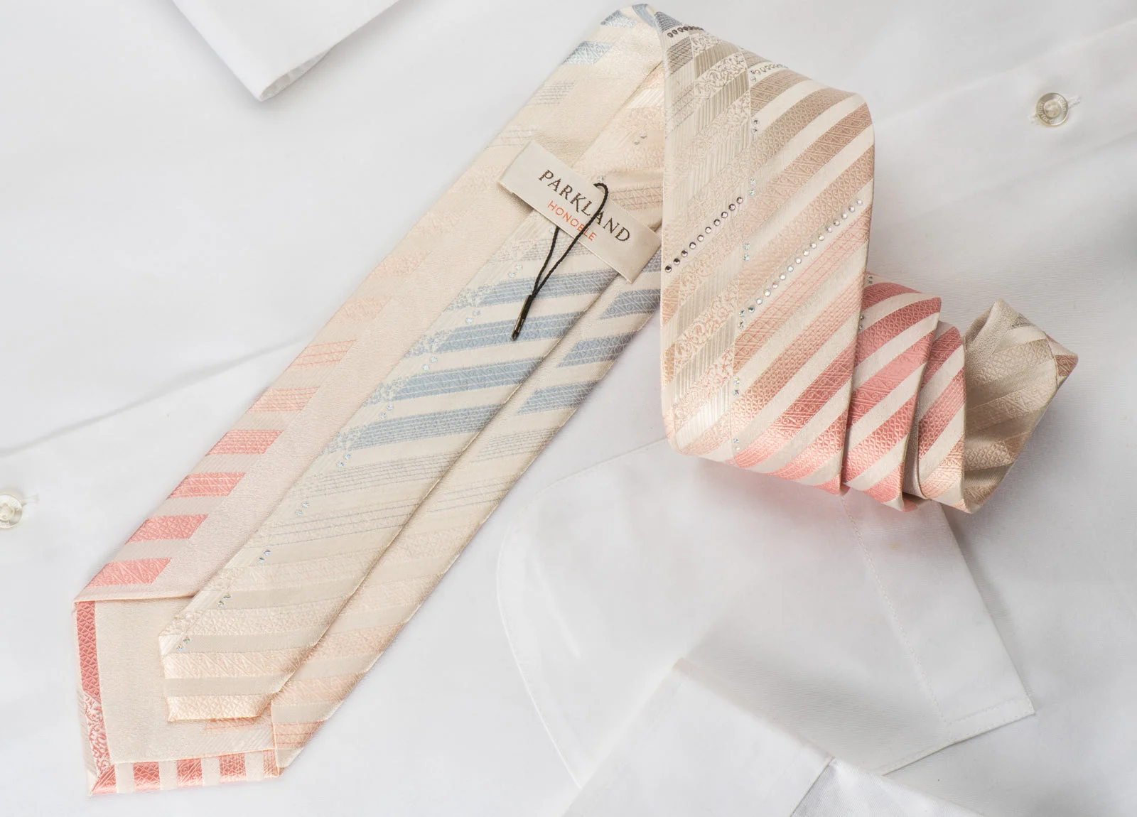 Park Land Rhinestone Silk Necktie Blue Pink Stripes On White With Silver Sparkles - Image 5