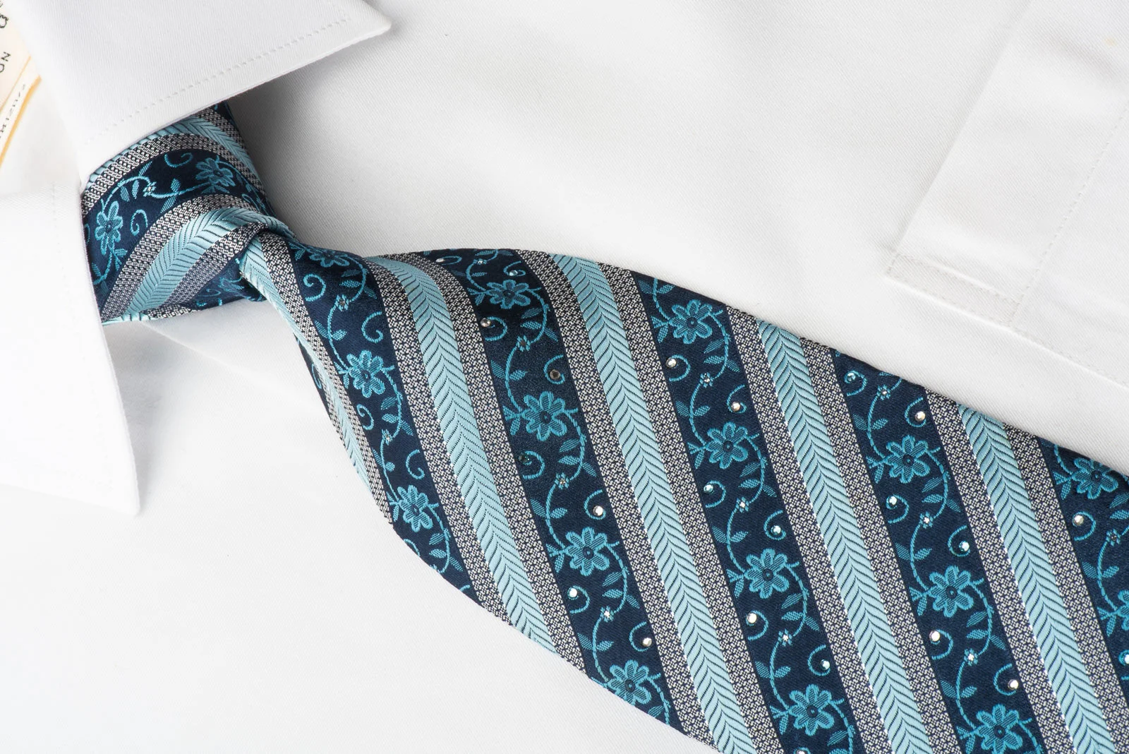 Park Land Rhinestone Silk Necktie Herringbone Stripes On Blue With Silver Sparkles - Image 2