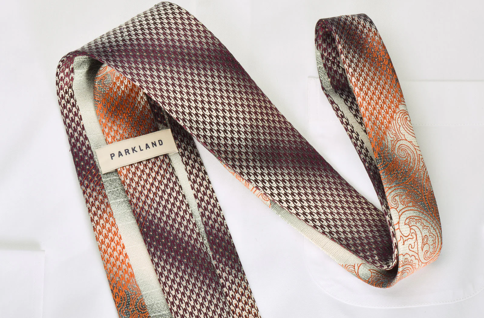 Park Land Rhinestone Silk Necktie Orange Paisley On Silver - Image 4
