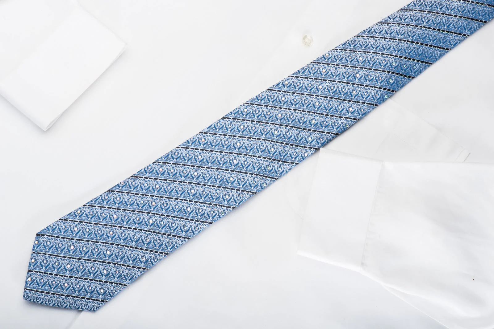 Park Land Rhinestone Silk Necktie Silver Filigree On Blue With Silver Sparkles - Image 5