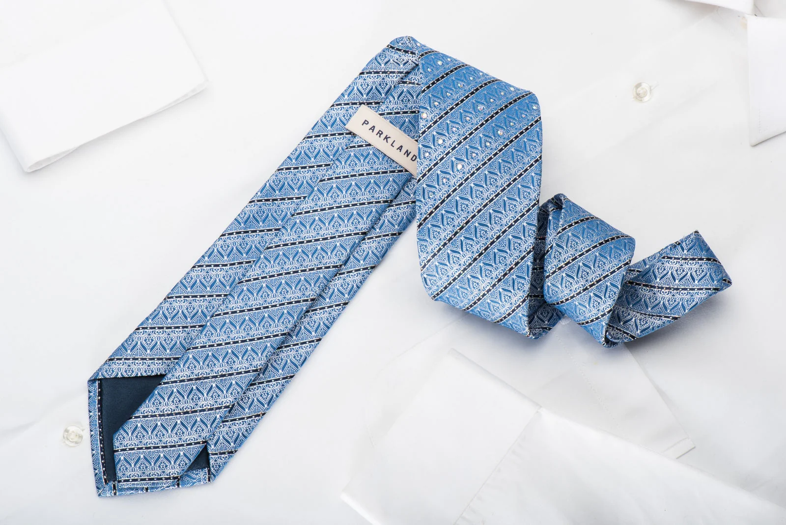 Park Land Rhinestone Silk Necktie Silver Filigree On Blue With Silver Sparkles - Image 6
