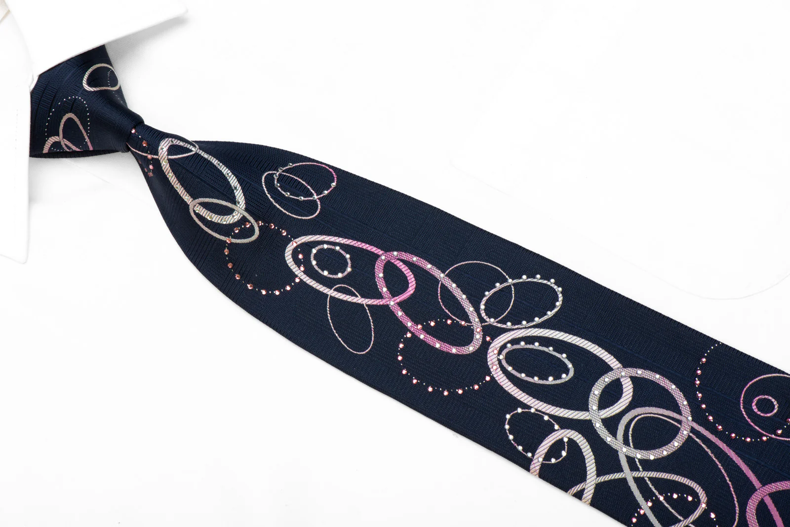 Park Land Rhinestone Silk Necktie Silver Pink Ovals On Blue With Sparkles - Image 2