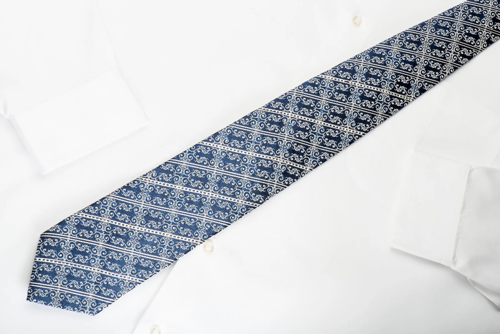 Park Land Rhinestone Silk Necktie Silver Striped Scrolls On Blue With Silver Sparkles - Image 4