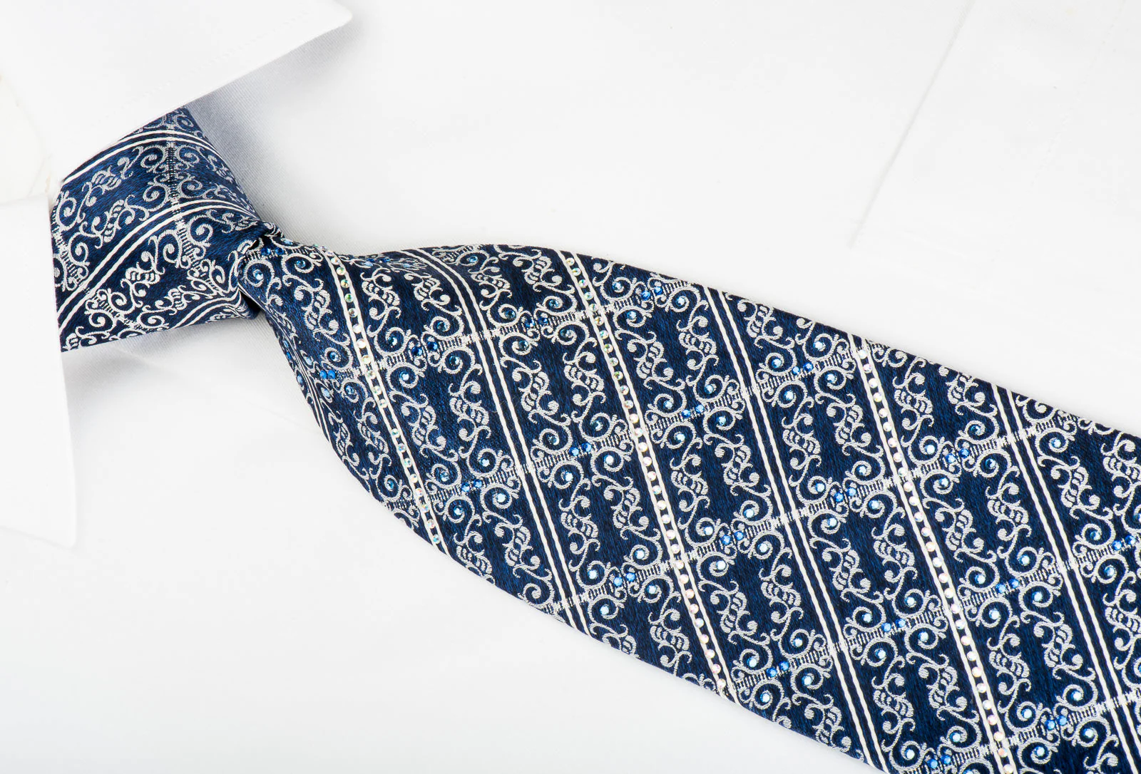 Park Land Rhinestone Silk Necktie Silver Striped Scrolls On Blue With Silver Sparkles - Image 5