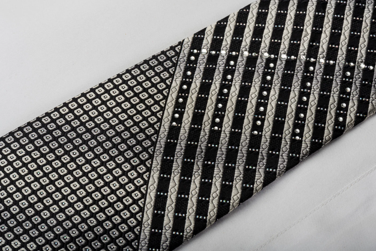 Park Land Rhinestone Silk Necktie Silver Stripes On Black With Sparkles - Image 3