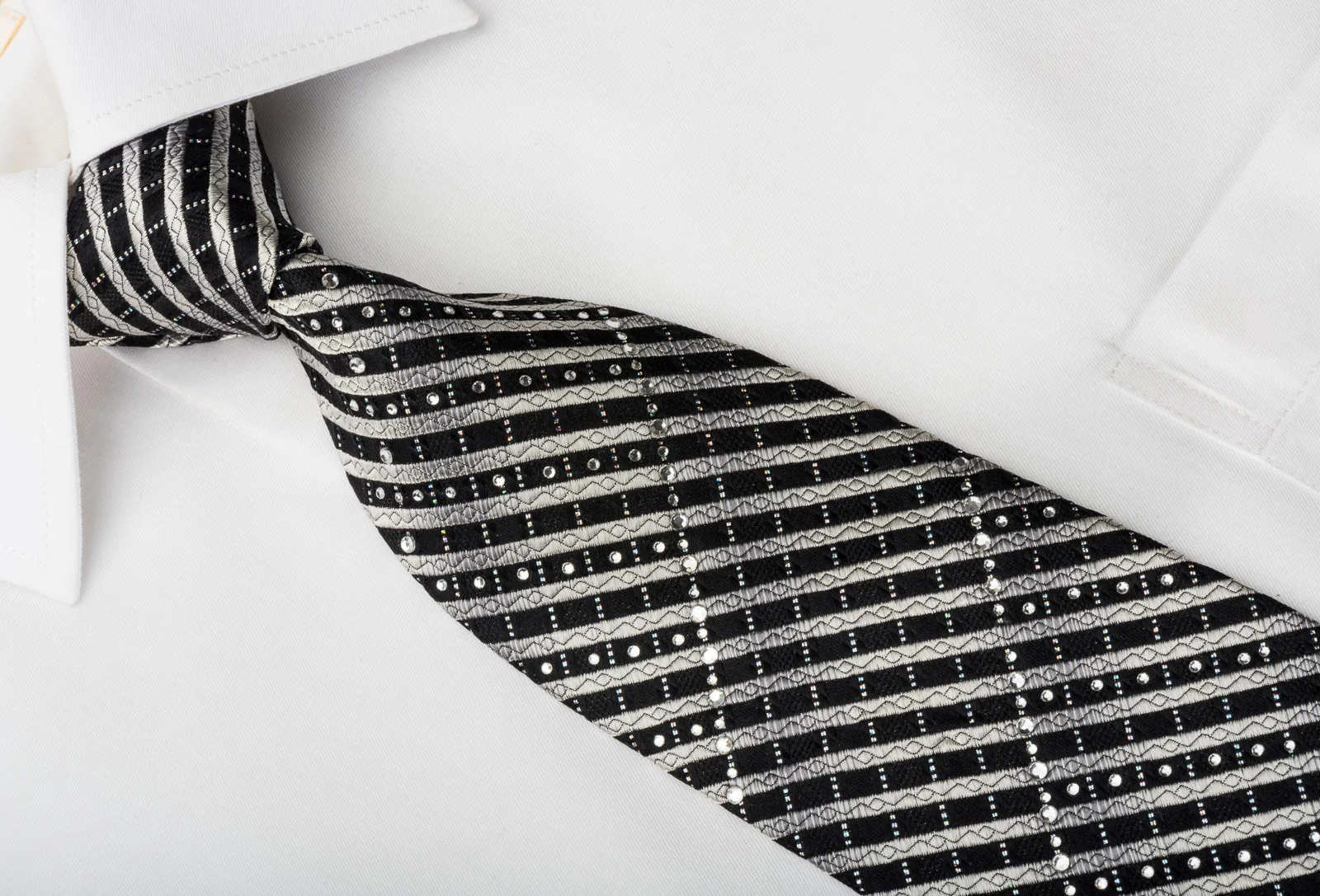 Park Land Rhinestone Silk Necktie Silver Stripes On Black With Sparkles - Image 5