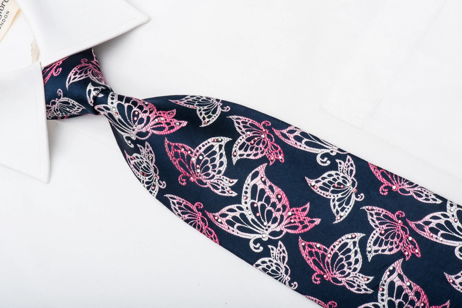 Park Land Mens Rhinestone Tie Butterflies On Blue With Silver Sparkles - Image 2