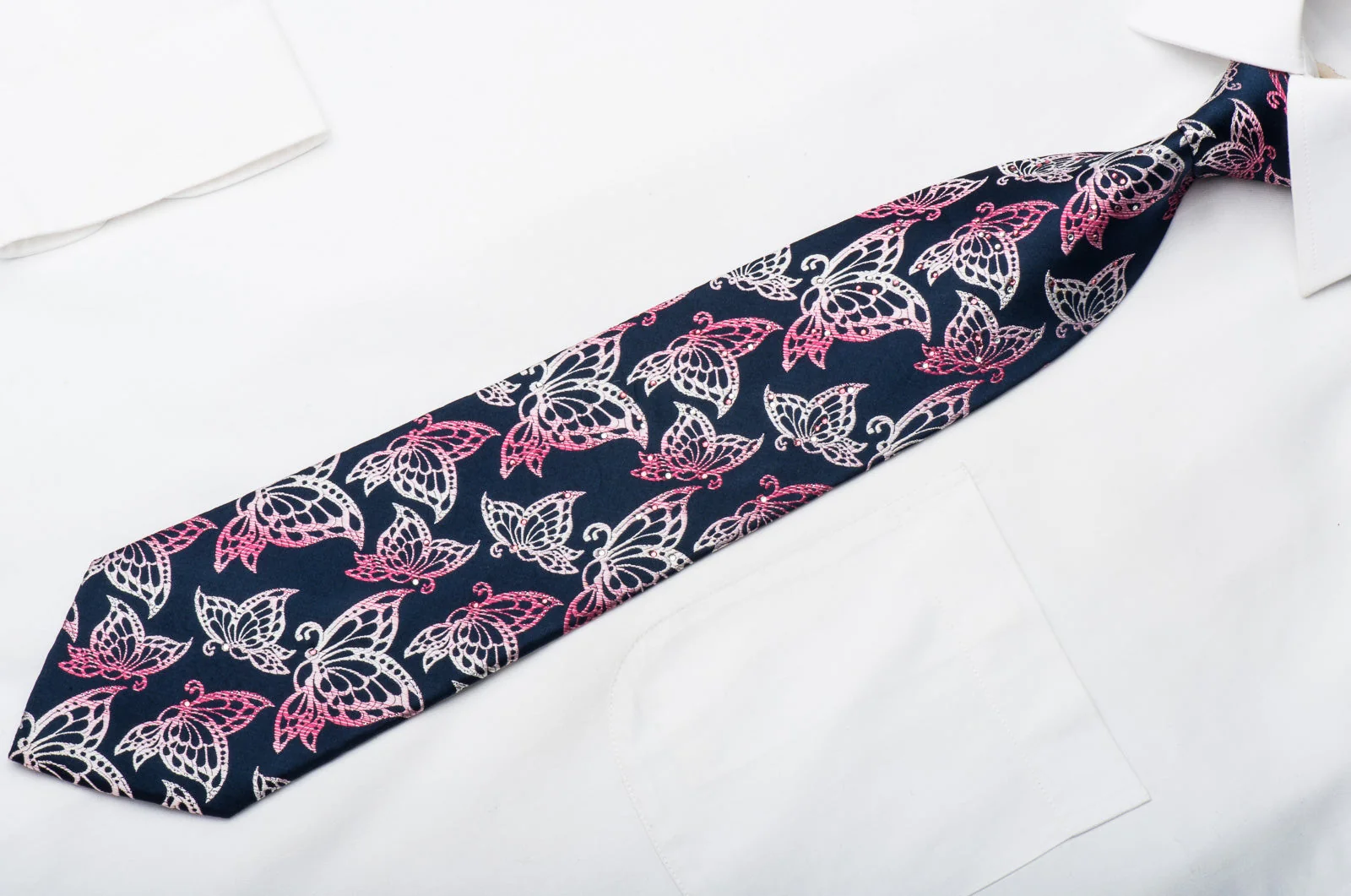 Park Land Mens Rhinestone Tie Butterflies On Blue With Silver Sparkles - Image 3