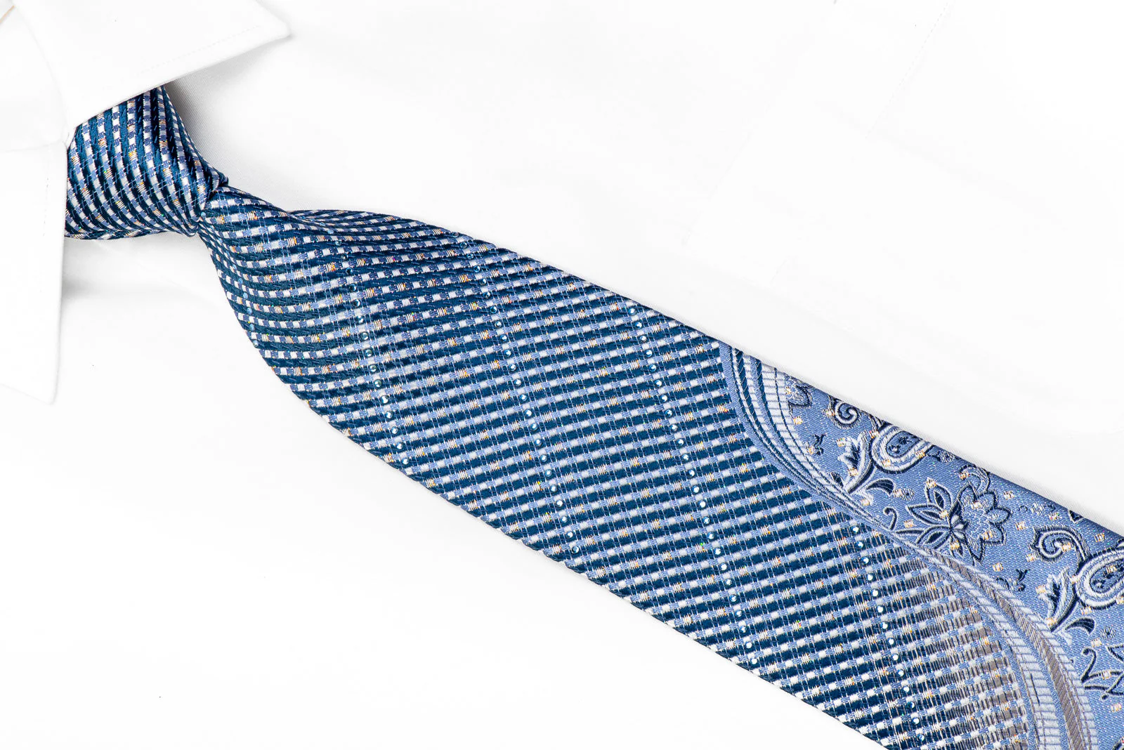 Park Land Rhinestone Tie Silver Floral Striped On Blue With Sparkles - Image 2
