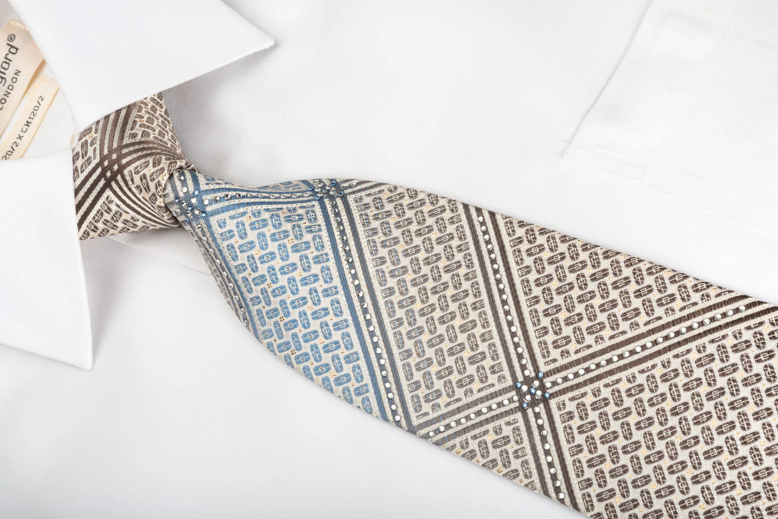 Park Land Silk Necktie Brown Striped On Beige White With Gold Sparkles - Image 2