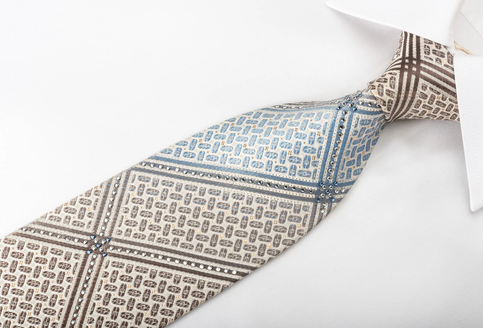 Park Land Silk Necktie Brown Striped On Beige White With Gold Sparkles - Image 3