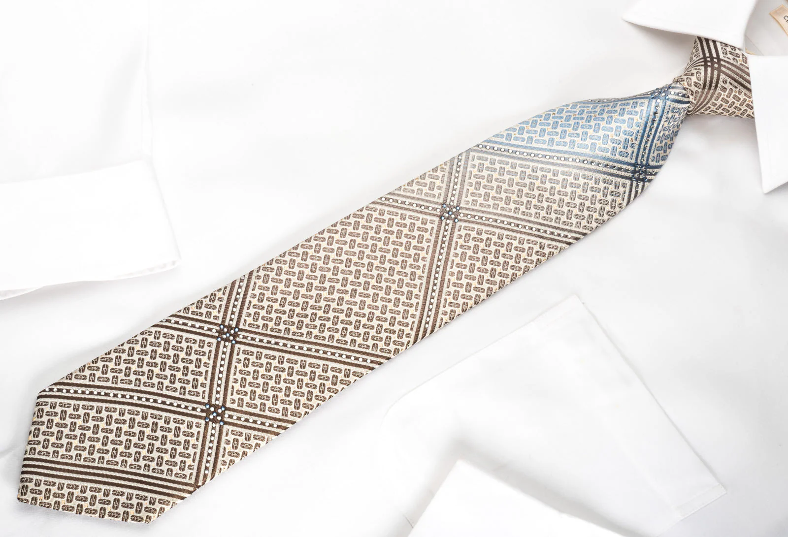 Park Land Silk Necktie Brown Striped On Beige White With Gold Sparkles - Image 6