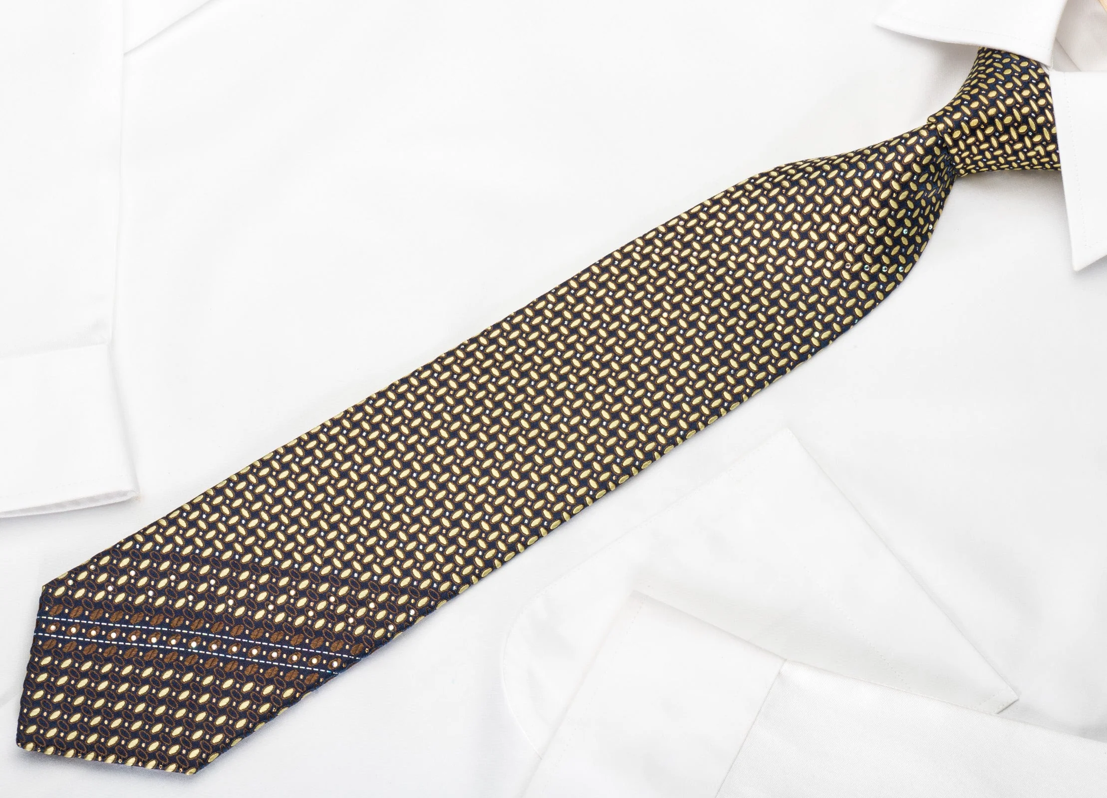 Park Land Silk Rhinestone Necktie Beige Brown Geometric On Navy With Silver Sparkles - Image 4
