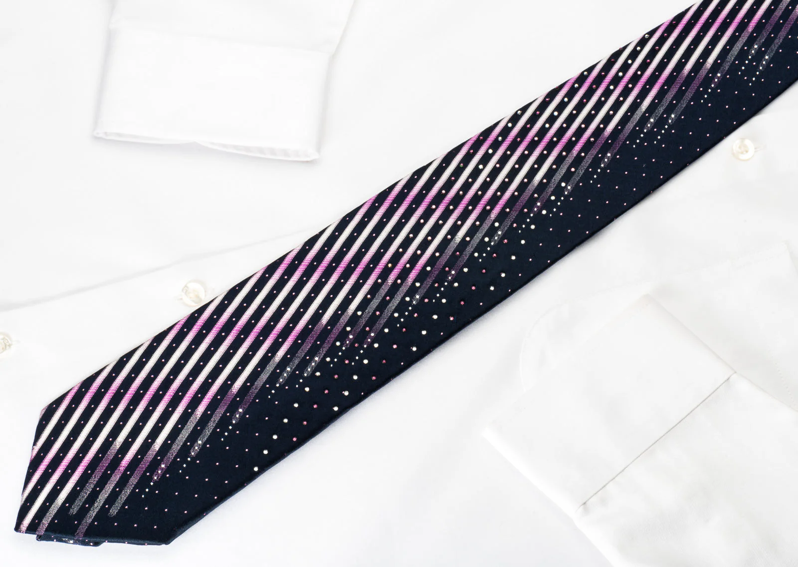 Park Land Silk Rhinestone Necktie Pink Stripes On Blue With Silver Sparkles - Image 3