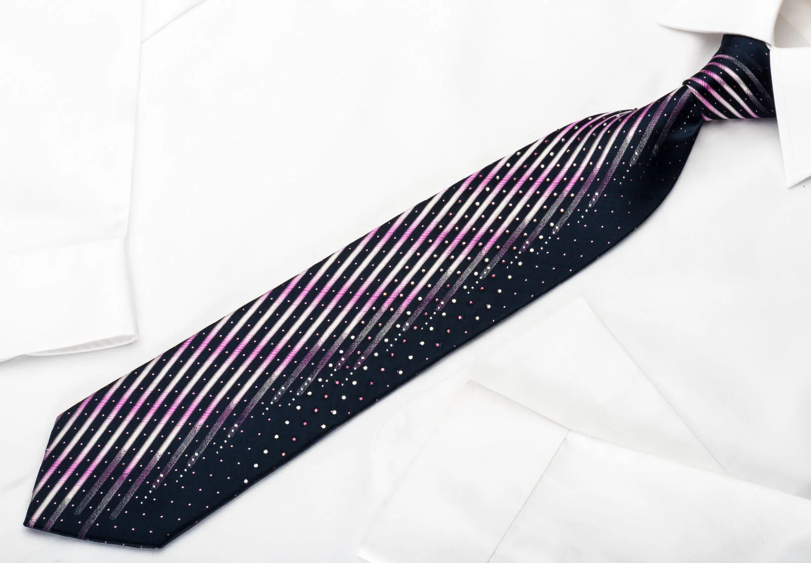 Park Land Silk Rhinestone Necktie Pink Stripes On Blue With Silver Sparkles - Image 4