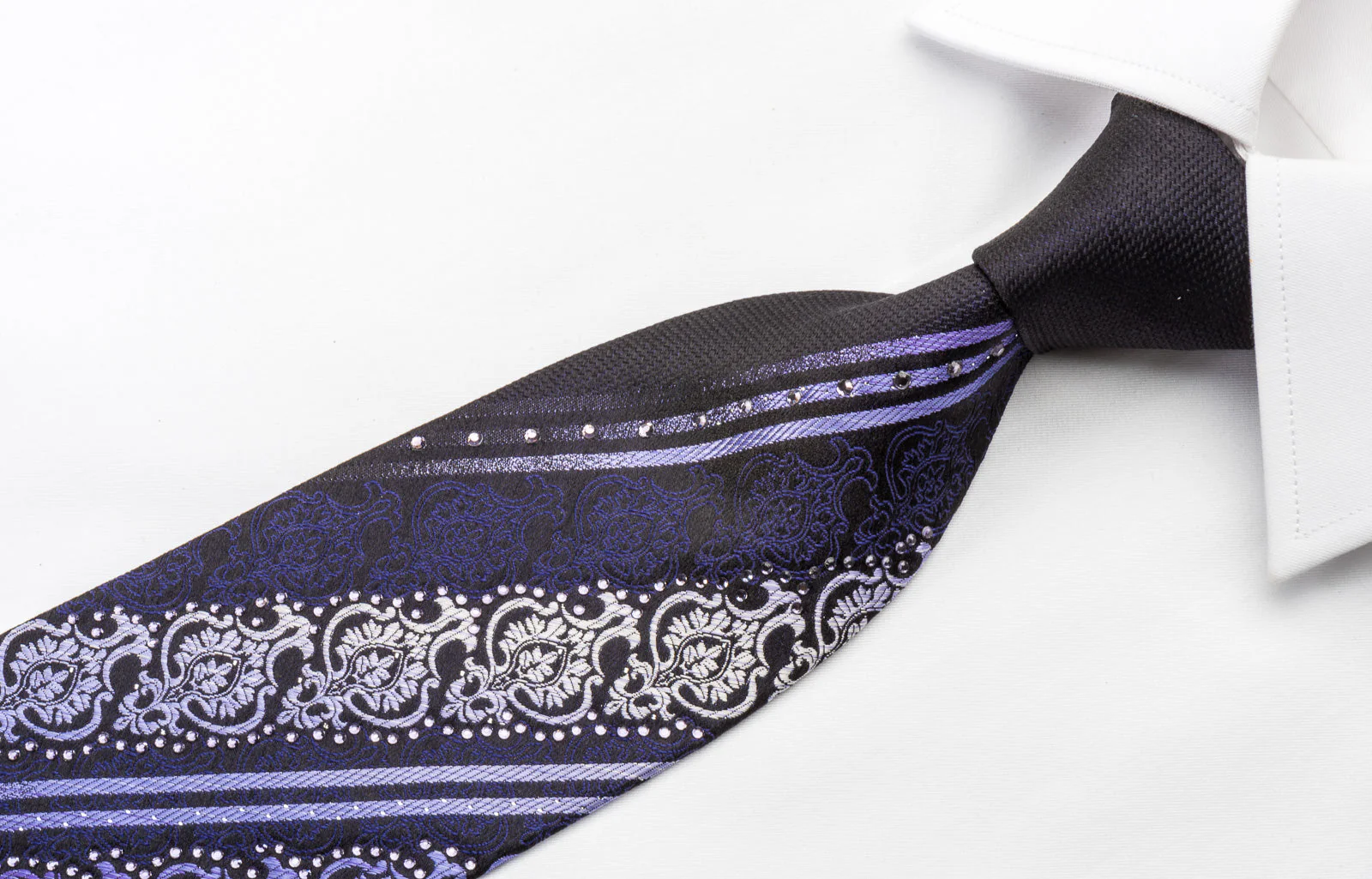 Silk Rhinestone Necktie Purple Damask On Navy With Silver Sparkles - Image 3
