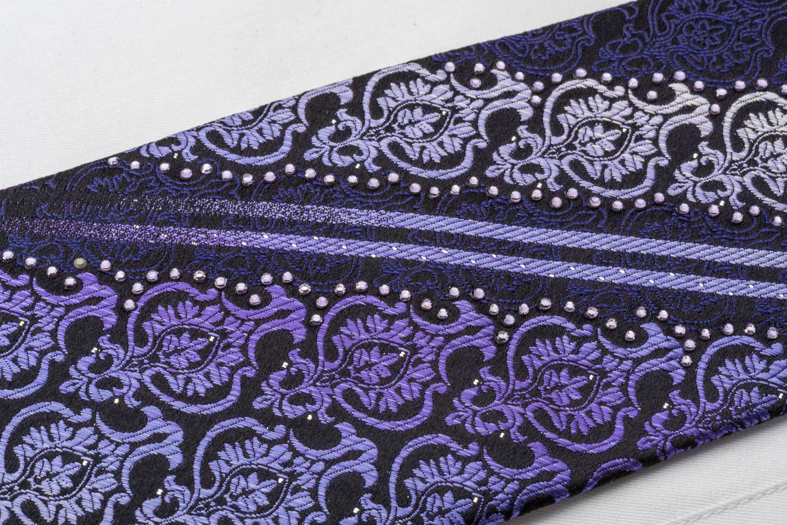 Silk Rhinestone Necktie Purple Damask On Navy With Silver Sparkles - Image 4