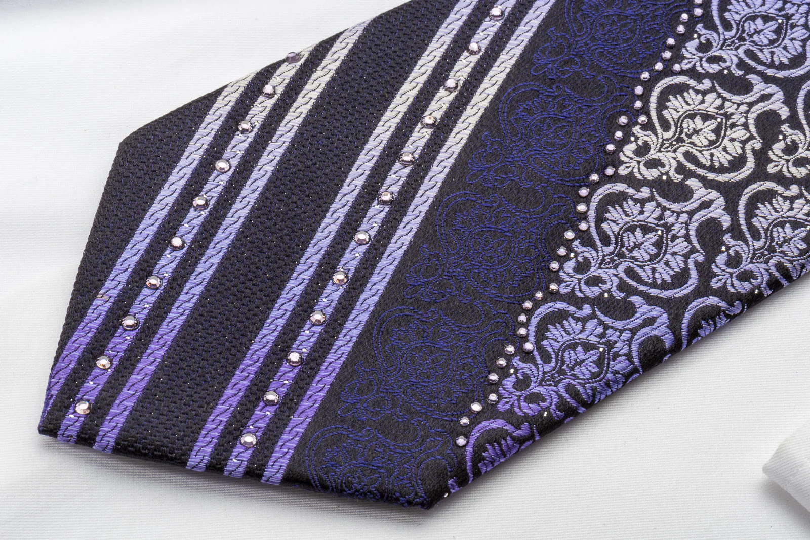 Silk Rhinestone Necktie Purple Damask On Navy With Silver Sparkles - Image 5