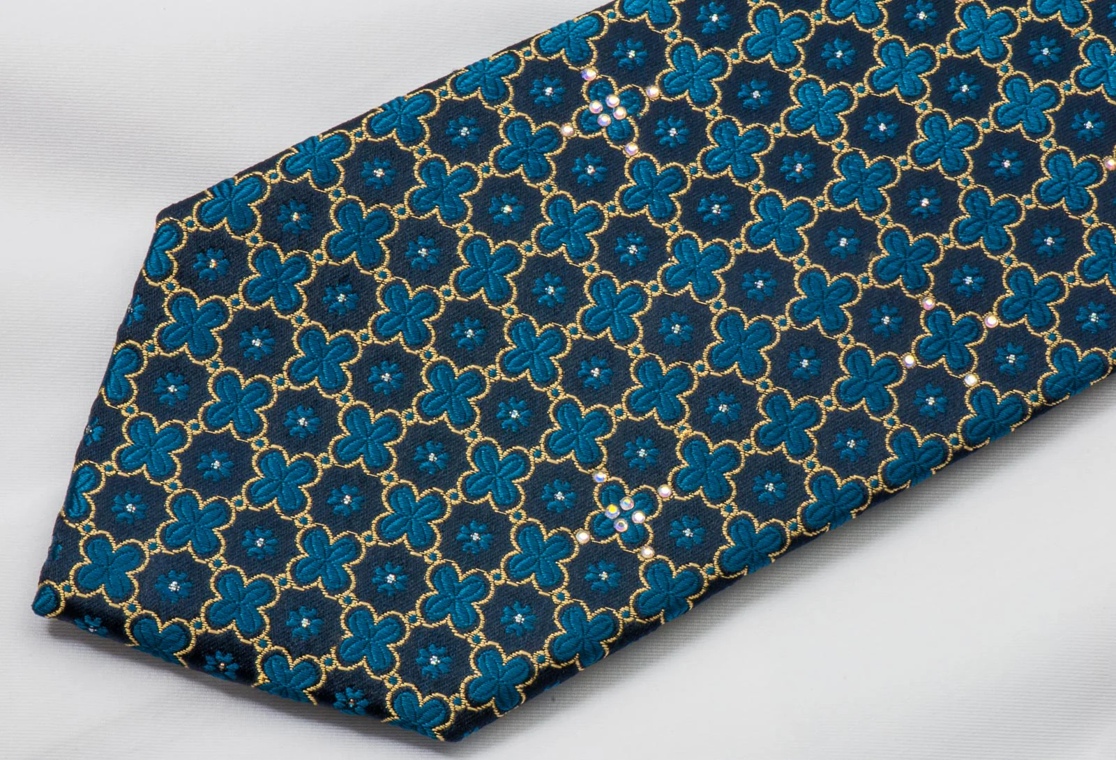 Park Land Silk Rhinestone Necktie Quatrefoil On Blue With Golden Sparkles - Image 5