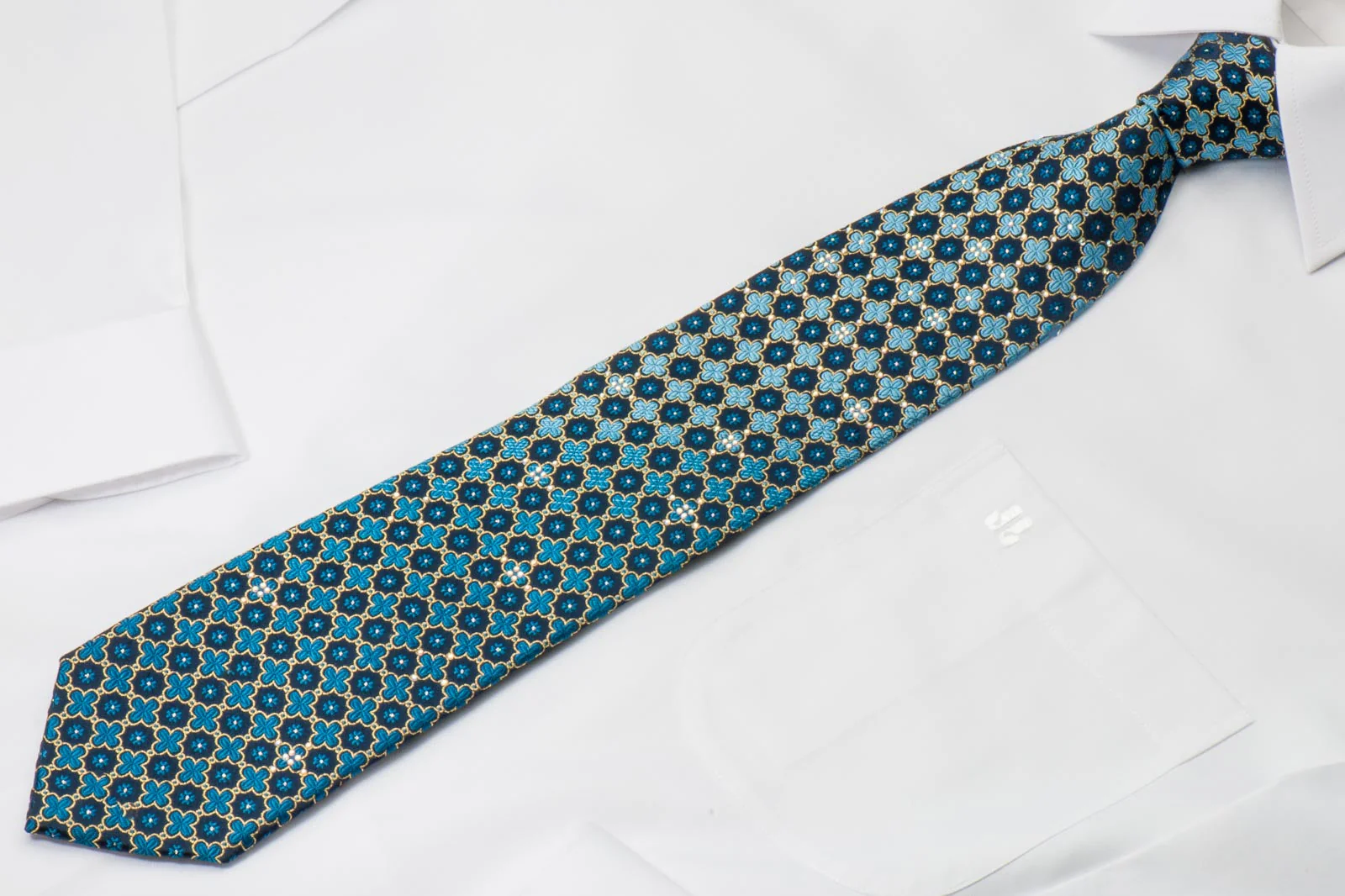 Park Land Silk Rhinestone Necktie Quatrefoil On Blue With Golden Sparkles - Image 6