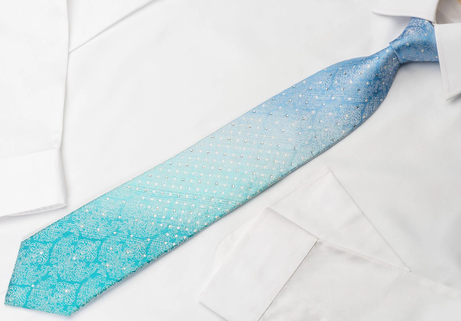 Park Land Silk Rhinestone Necktie Silver Damask On Blue Turquoise With Silver Sparkles - Image 4