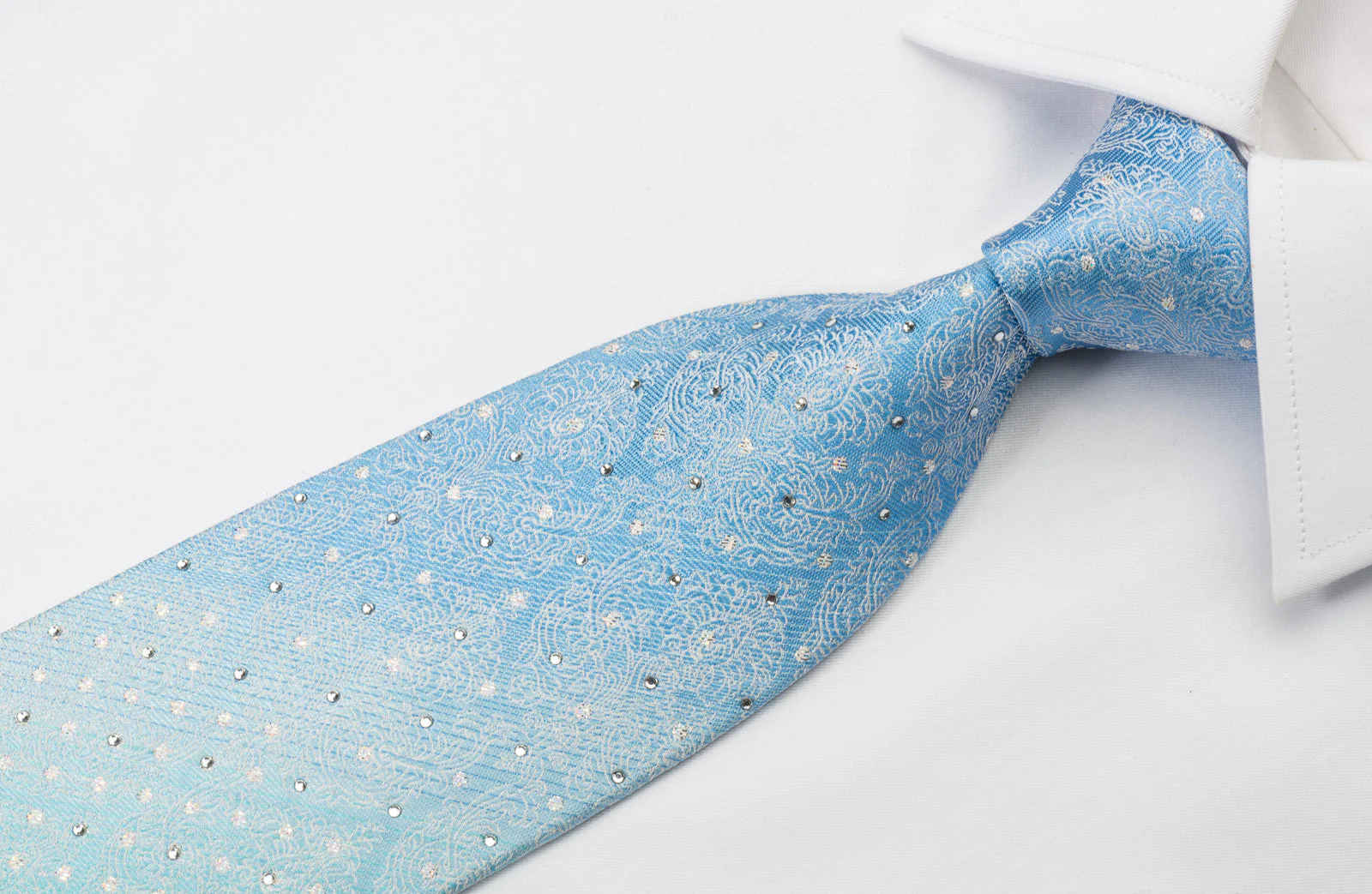 Park Land Silk Rhinestone Necktie Silver Damask On Blue Turquoise With Silver Sparkles - Image 5