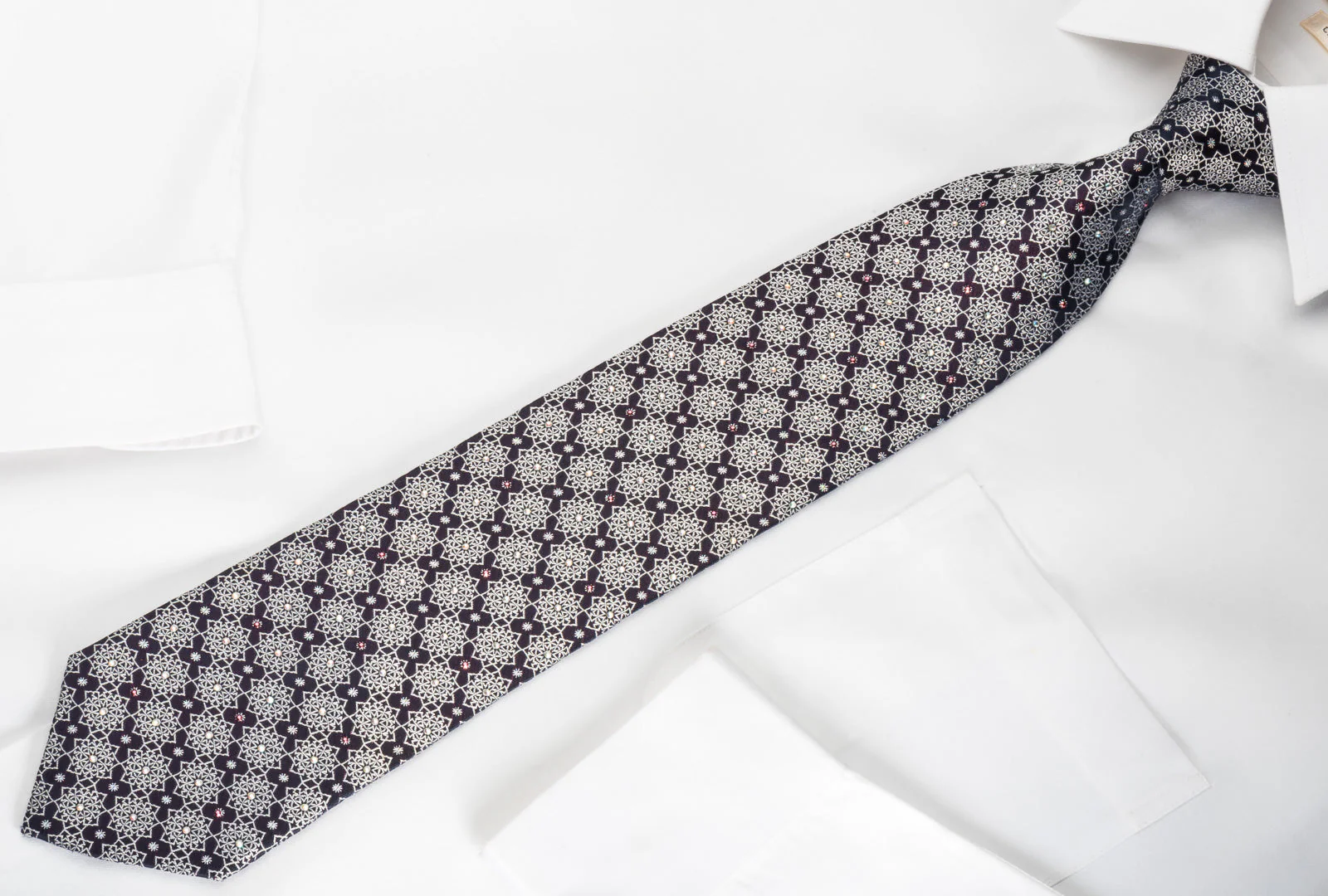 Park Land Silk Rhinestone Necktie Silver Marrakesh On Navy With Silver Sparkles - Image 7