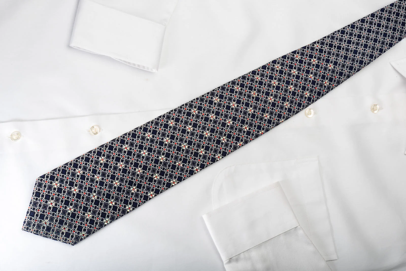 Park Land Silk Rhinestone Necktie Sparkling Silver Trellis On Blue With Sparkles - Image 5