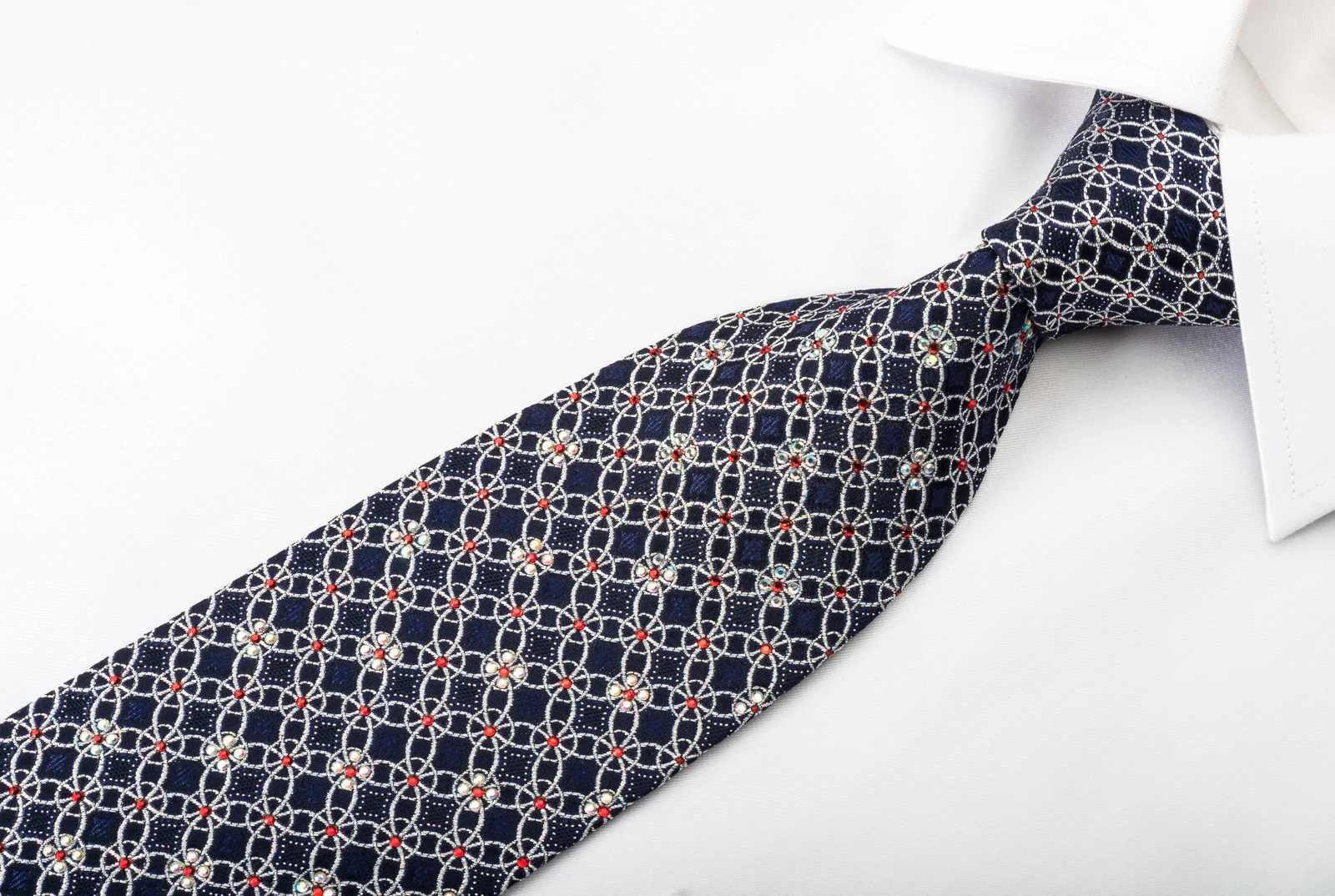 Park Land Silk Rhinestone Necktie Sparkling Silver Trellis On Blue With Sparkles - Image 7